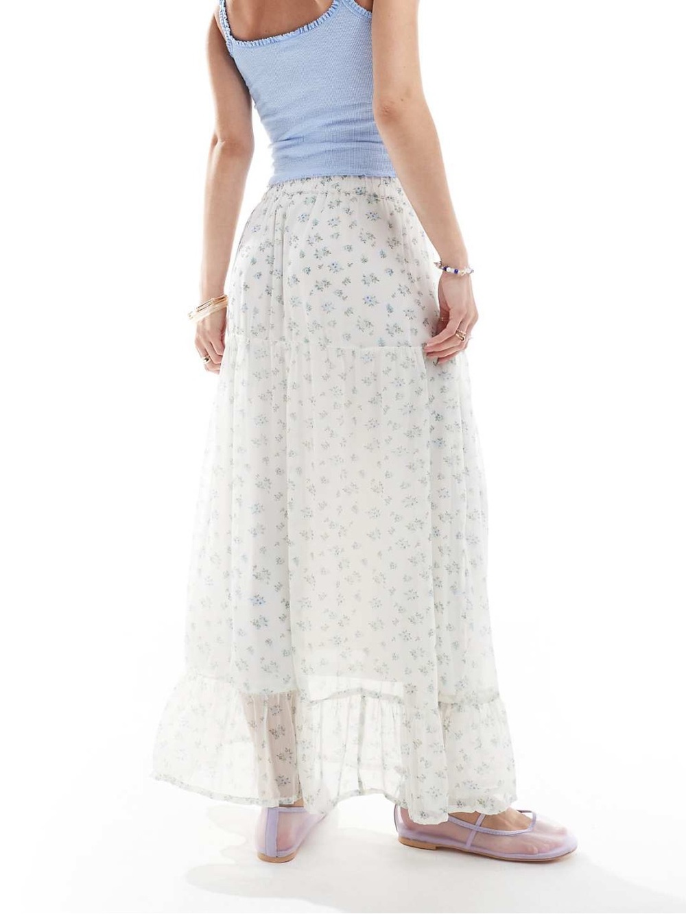 Vero Moda White Maxi Skirt with Light Blue and Green Florals and Ruffles XS NWT - Picture 8 of 8